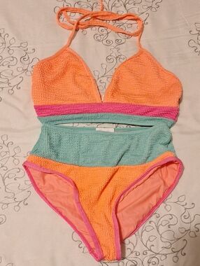 Pink Lily Striped Textured Swimsuit — Orange, Mint & Pink